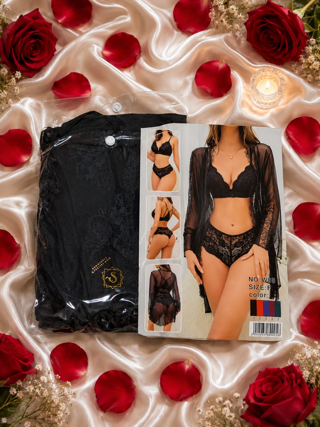 Lace Lingerie Set with Sheer Robe – 3 Piece