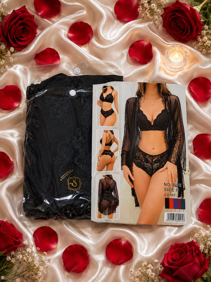 Lace Lingerie Set with Sheer Robe – 3 Piece