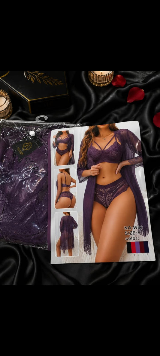 Lace Lingerie Set with Sheer Robe – 3 Piece